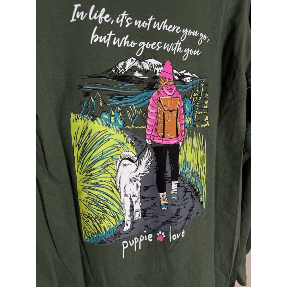 Puppie Love NEW w/Tag Hiking Pup Long Sleeve, Green, 100% Cotton Tee Shirt Small - Picture 4 of 9